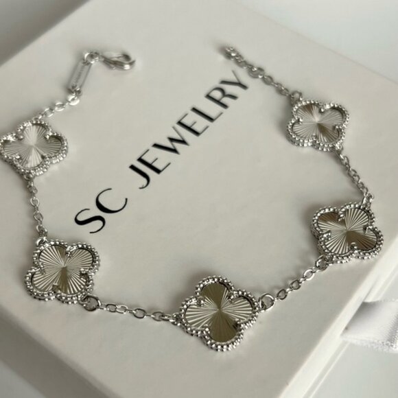 Silver Clover Bracelet 5 Motif Four Leaf Luxury Jewelry - Picture 1 of 13